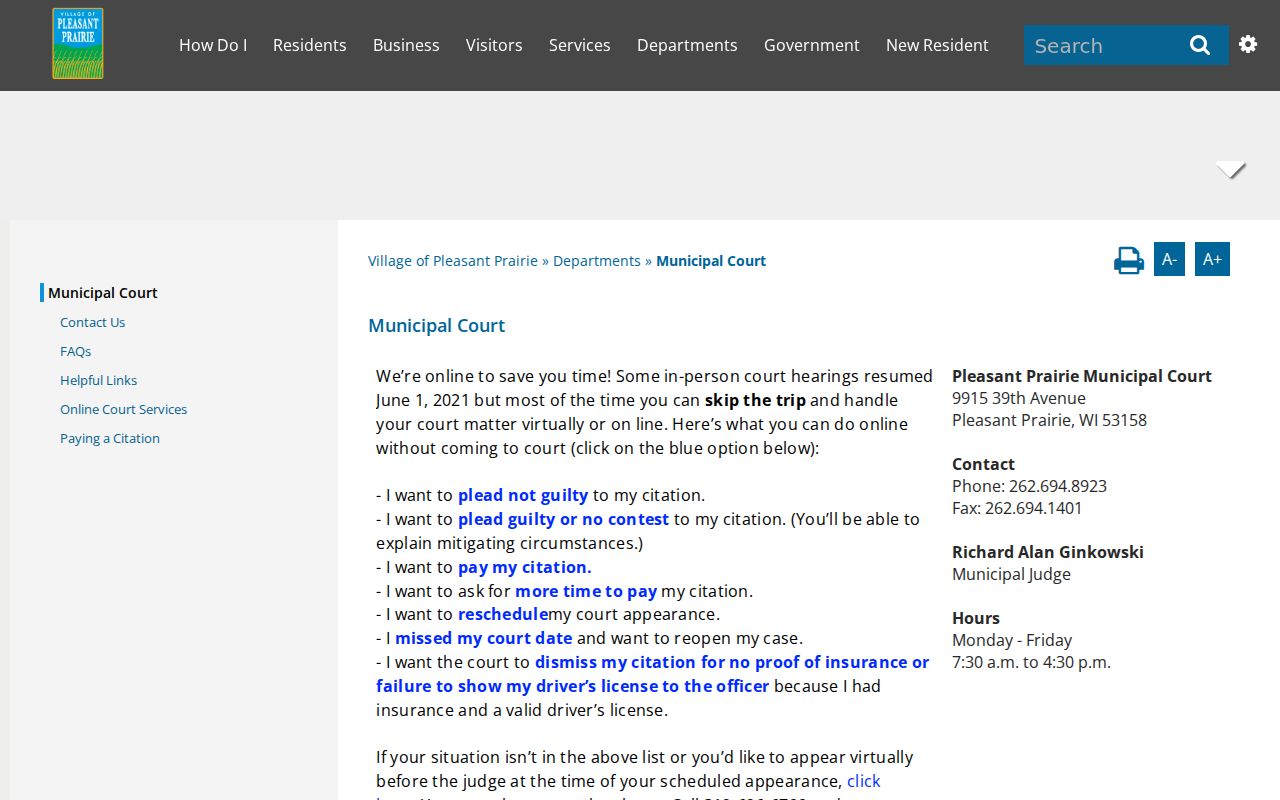 Pleasant Prairie resident lookup information from the Village Municipal Court
